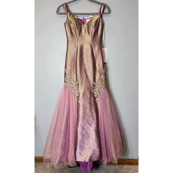 Rachel Allan Prom Dress Size 8 NWT 6518 Beaded Purple Gold Y2K Shimmer Fairy